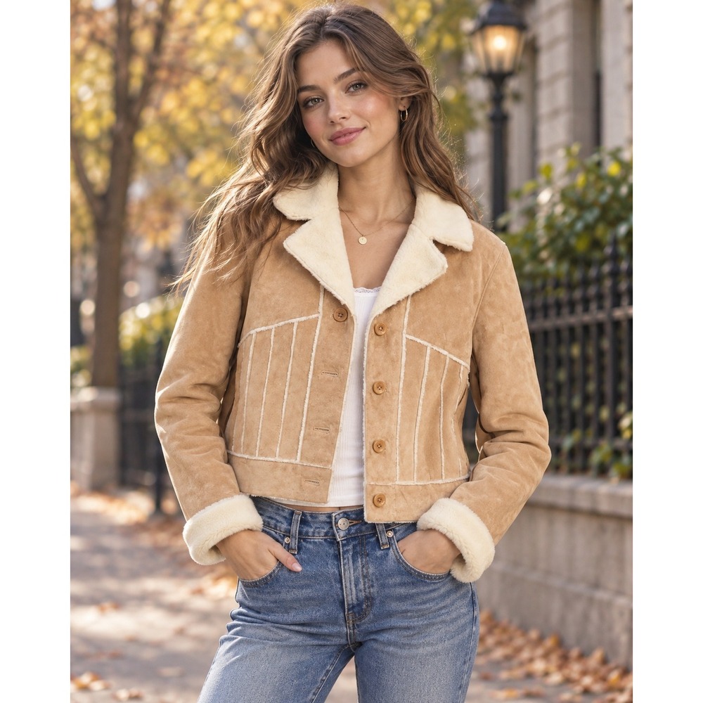Vtg Y2K Western Willi Smith Tan Suede Crop Jacket Boho Apres Ski Size M Aviator
